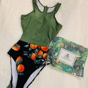 SWIMSUIT - adorable peach print, tie waist, zipper back, NWT